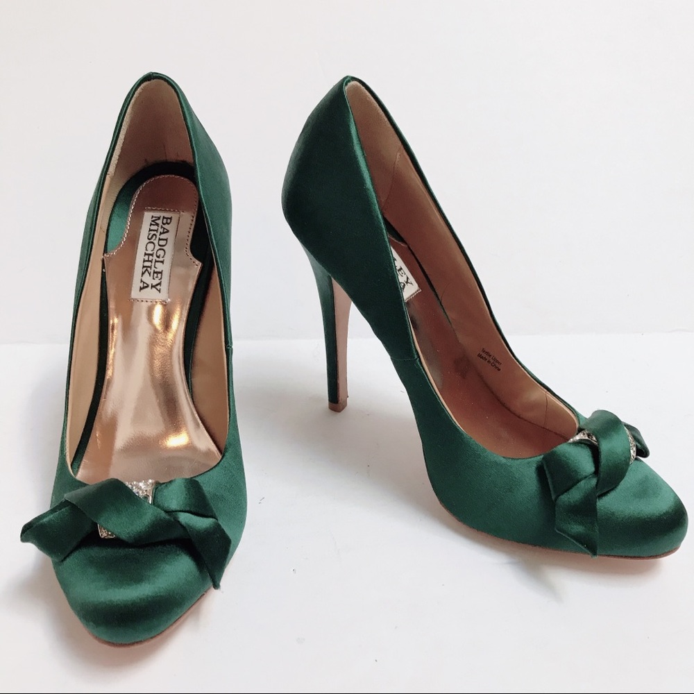 Badgley Mischka Green Satin Jeweled Bow Pumps